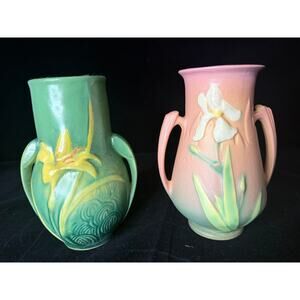 Pair Roseville Zephyr Lily 130-6 Double Handle Vases 7.5" Pink & Green
